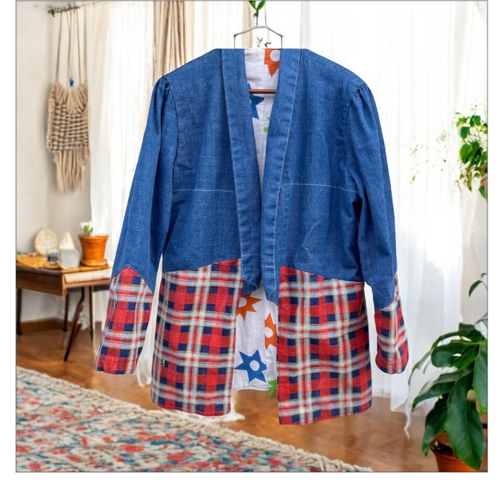 Denim & Red Plaid Open Front Women's Jacket - Picture 2 of 16